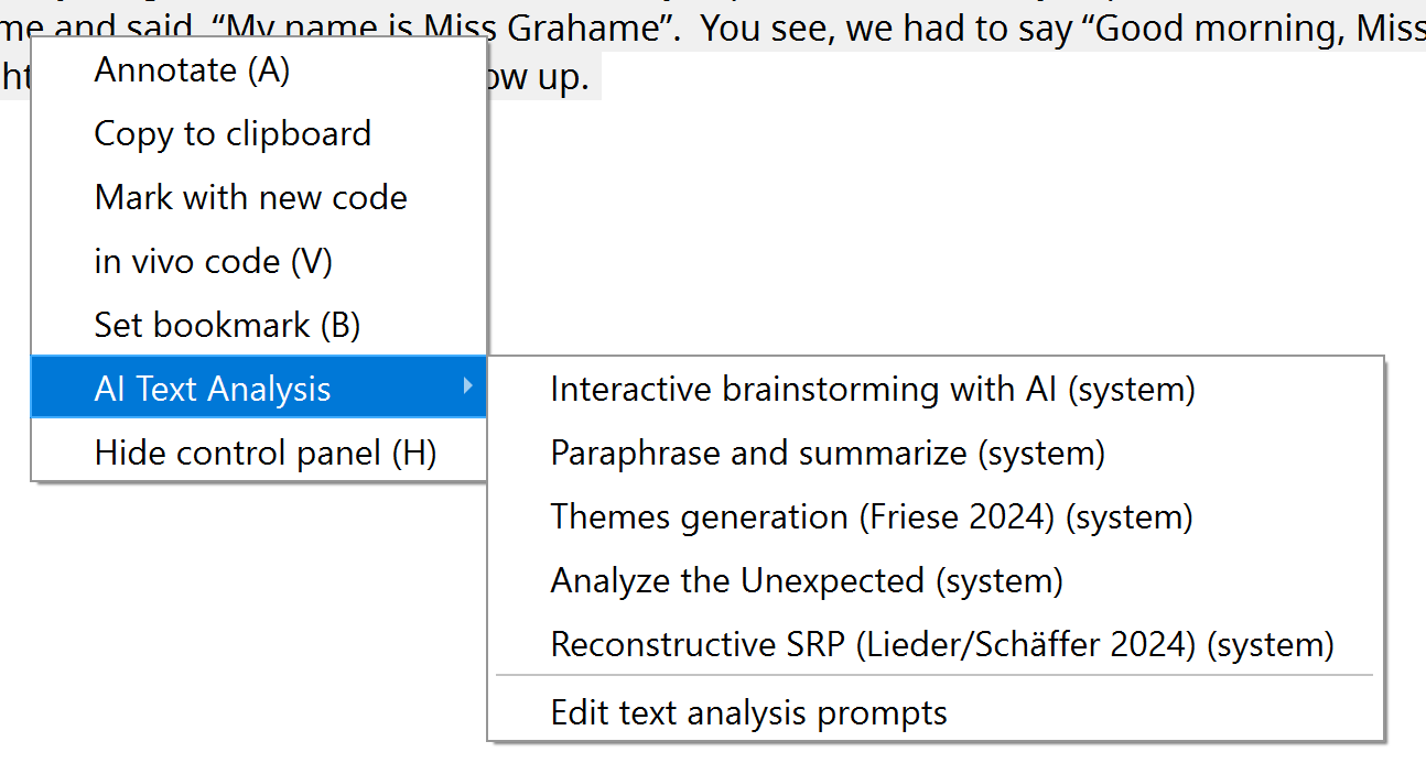 Screenshot text analysis submenu