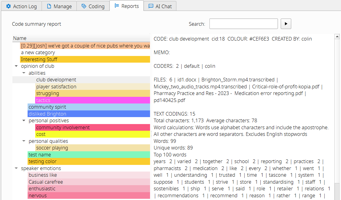 Code summary report