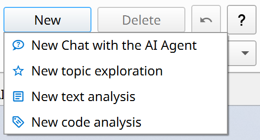 Menu para iniciar uma nova análise com o agente de IA